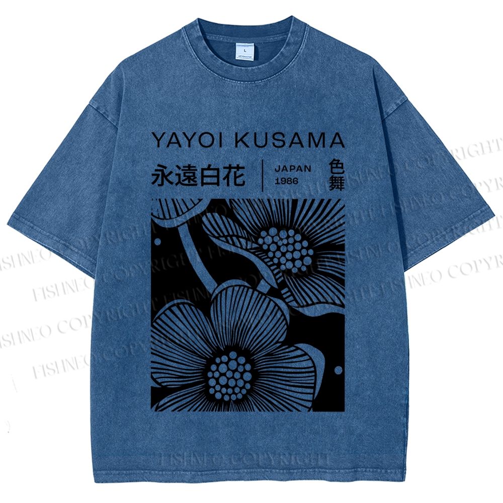 Unisex Yayoi Kusama Black Flower Printed Washed Tee