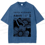 Unisex Yayoi Kusama Black Flower Printed Washed Tee