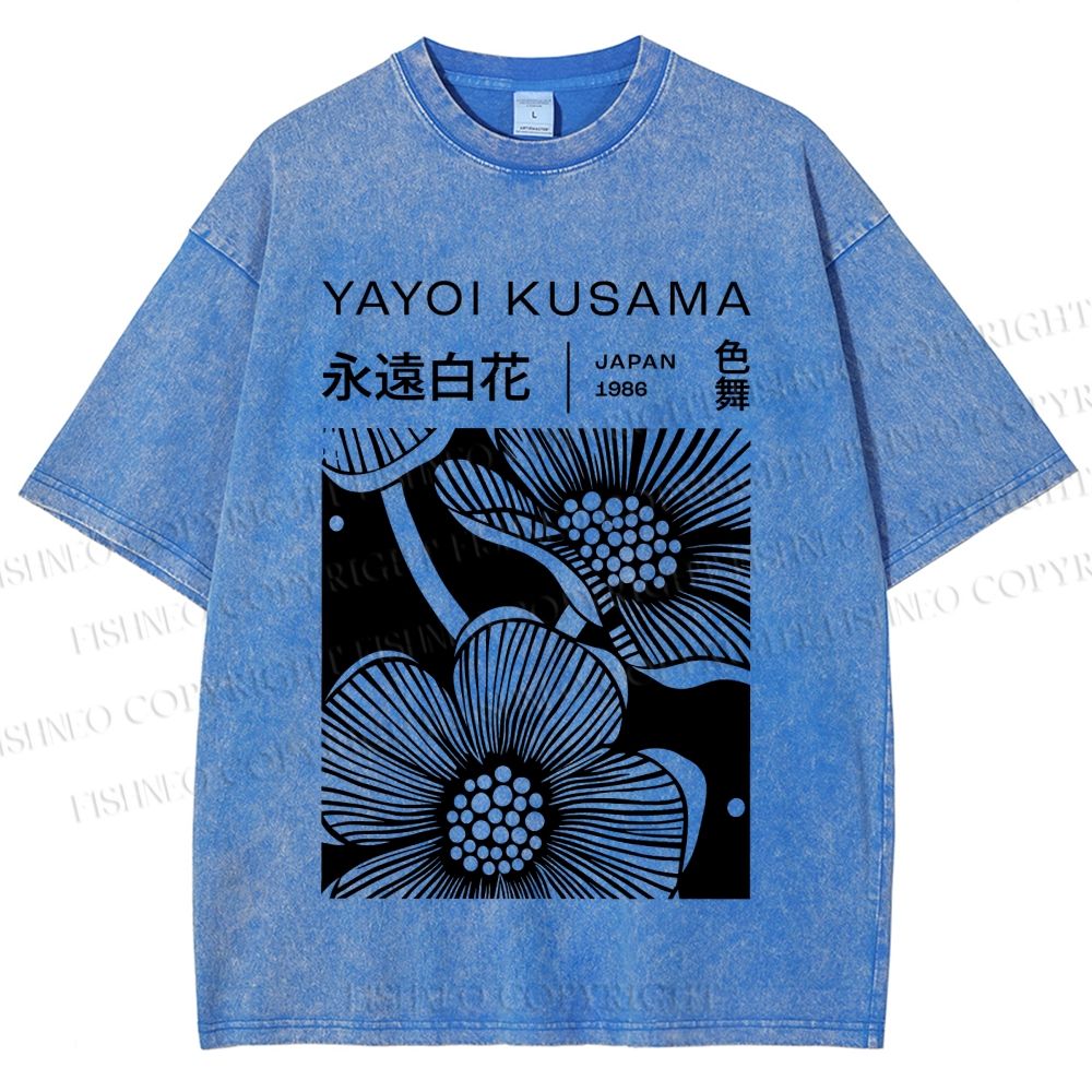 Unisex Yayoi Kusama Black Flower Printed Washed Tee