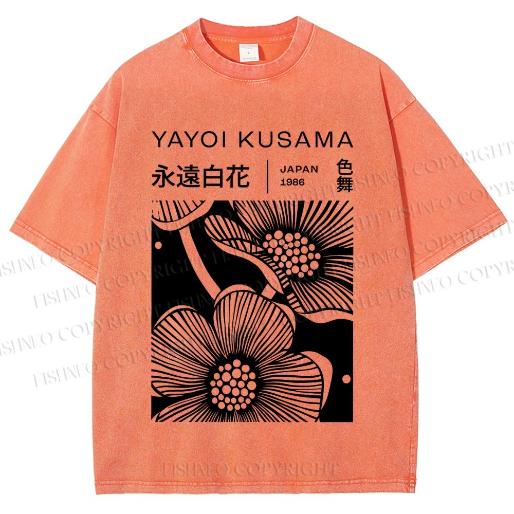 Unisex Yayoi Kusama Black Flower Printed Washed Tee