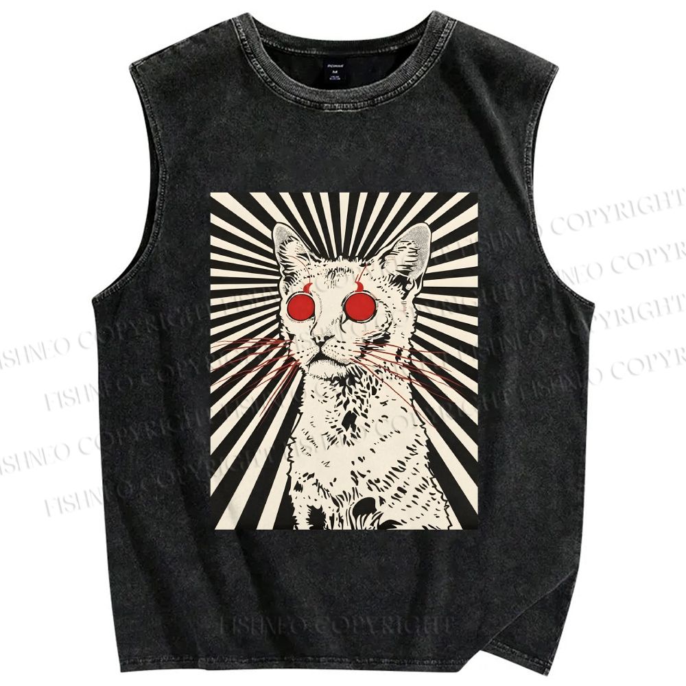 Unisex Psychedelic Cat Printed Washed Tank Top