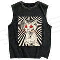 Unisex Psychedelic Cat Printed Washed Tank Top