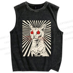 Unisex Psychedelic Cat Printed Washed Tank Top