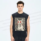 Unisex Psychedelic Cat Printed Washed Tank Top