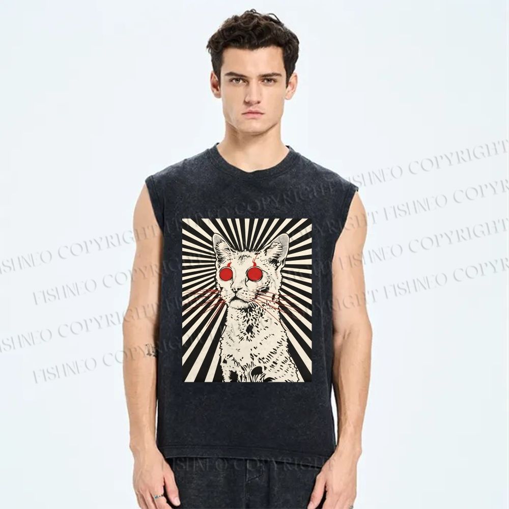 Unisex Psychedelic Cat Printed Washed Tank Top