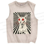 Unisex Psychedelic Cat Printed Washed Tank Top