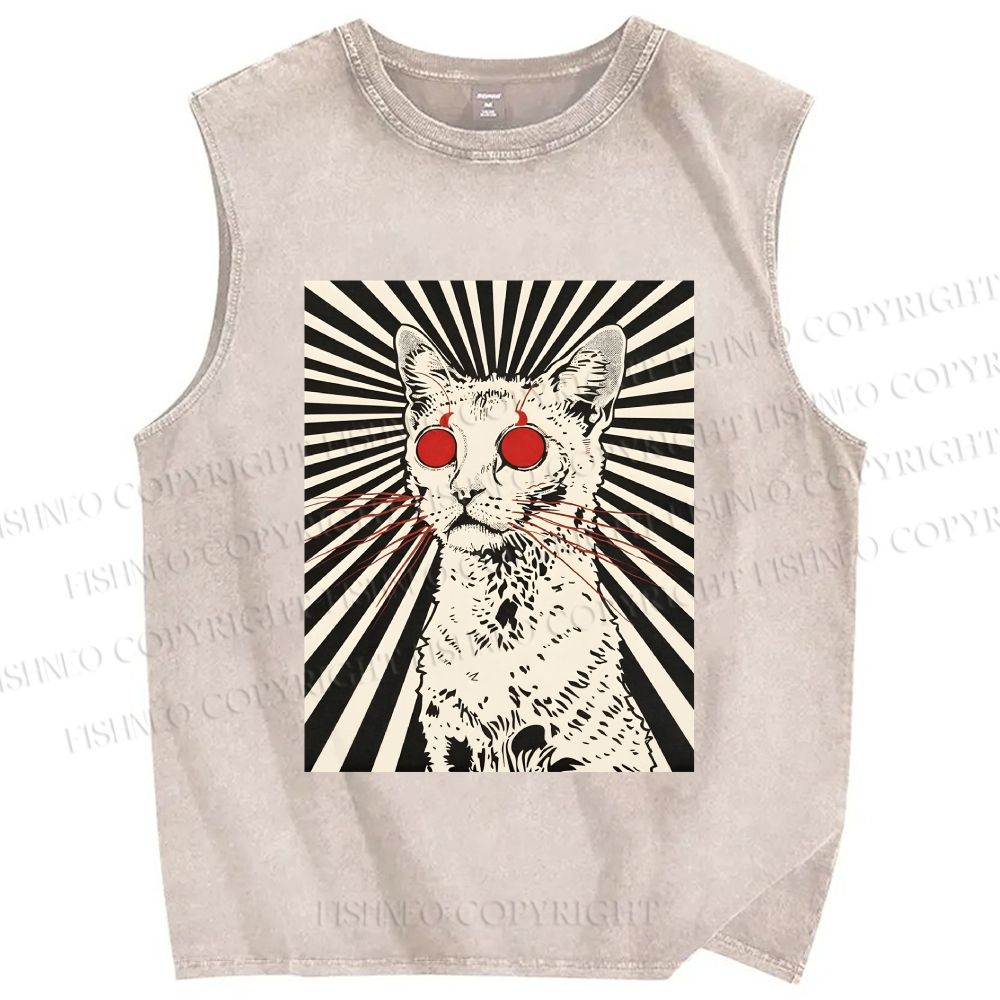 Unisex Psychedelic Cat Printed Washed Tank Top
