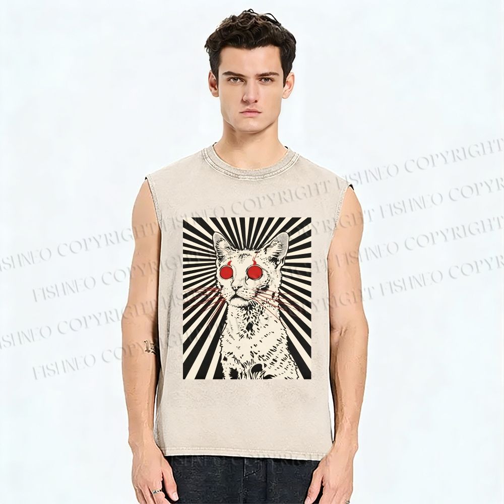 Unisex Psychedelic Cat Printed Washed Tank Top