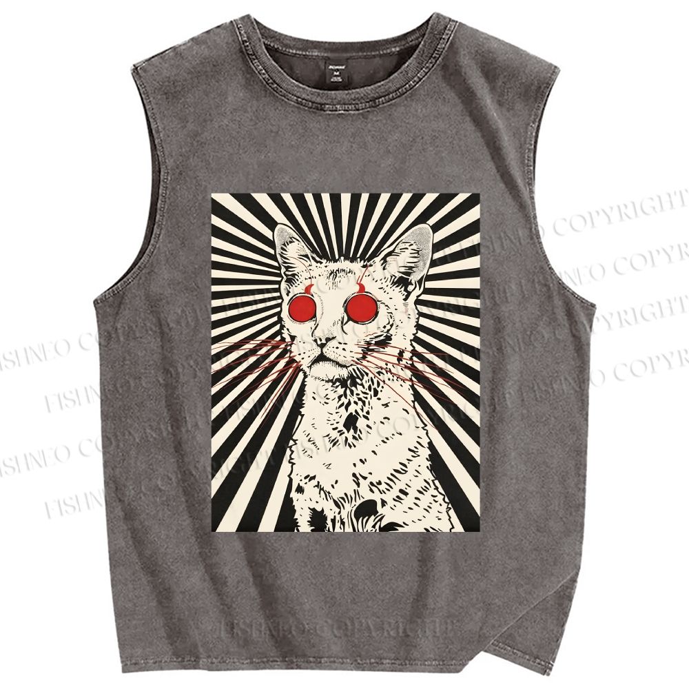 Unisex Psychedelic Cat Printed Washed Tank Top