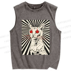 Unisex Psychedelic Cat Printed Washed Tank Top