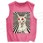 Unisex Psychedelic Cat Printed Washed Tank Top