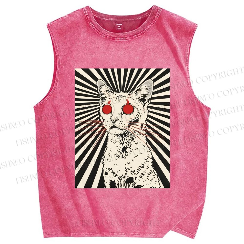 Unisex Psychedelic Cat Printed Washed Tank Top