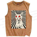 Unisex Psychedelic Cat Printed Washed Tank Top