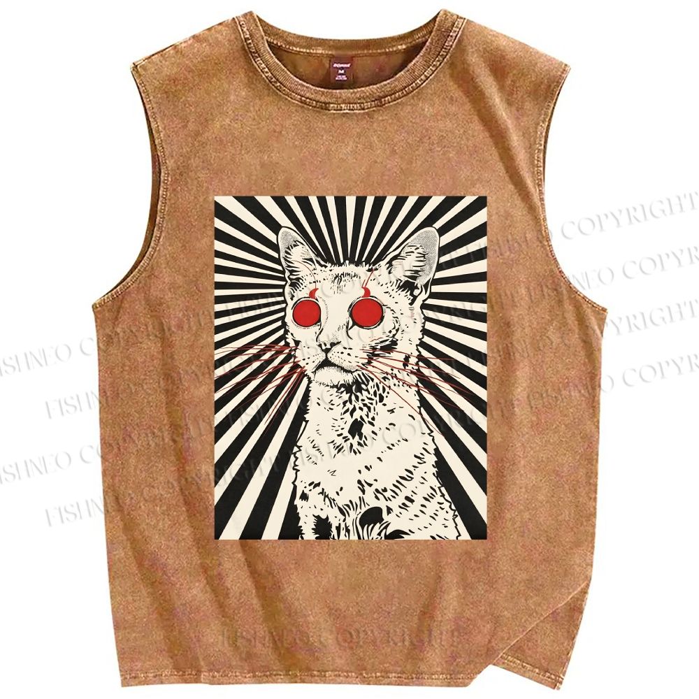 Unisex Psychedelic Cat Printed Washed Tank Top