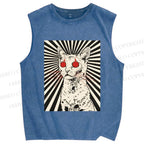 Unisex Psychedelic Cat Printed Washed Tank Top