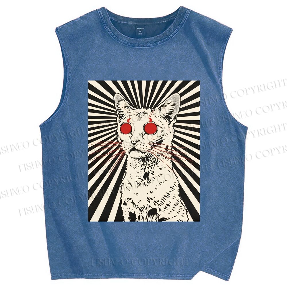Unisex Psychedelic Cat Printed Washed Tank Top