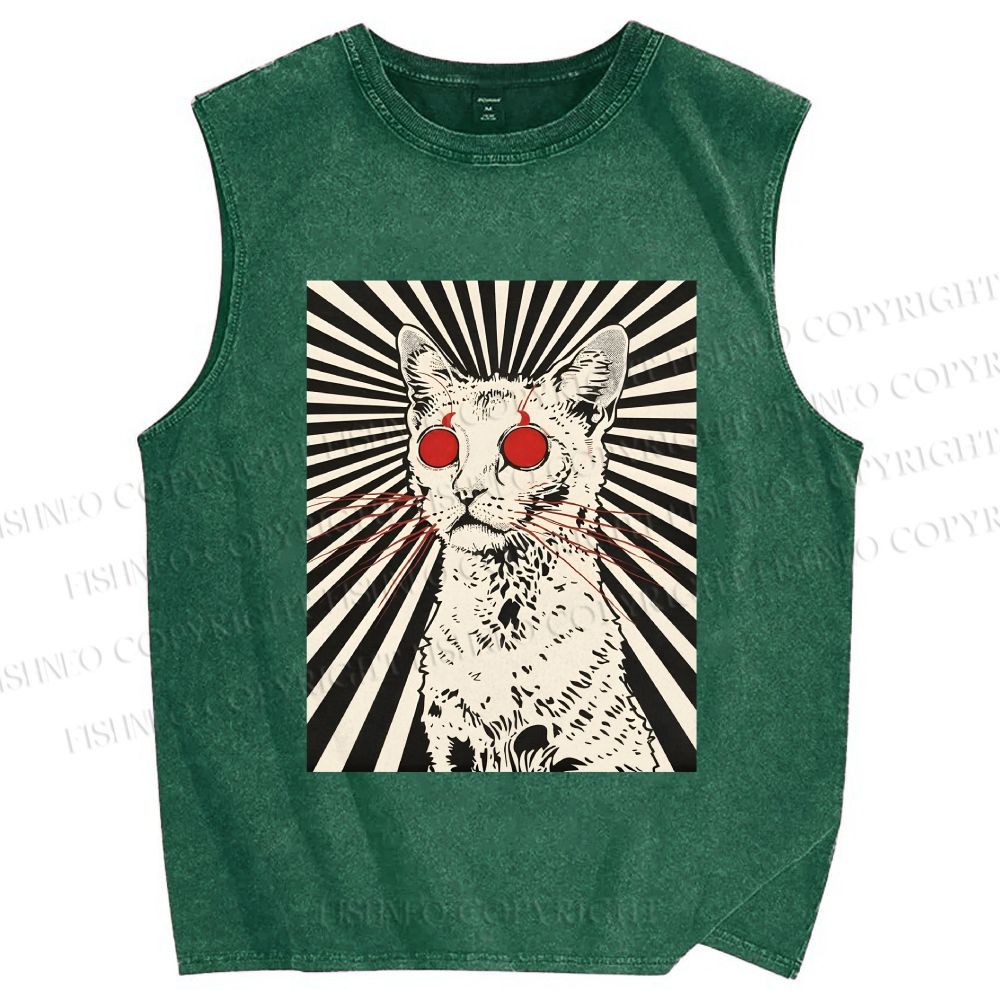 Unisex Psychedelic Cat Printed Washed Tank Top