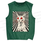 Unisex Psychedelic Cat Printed Washed Tank Top