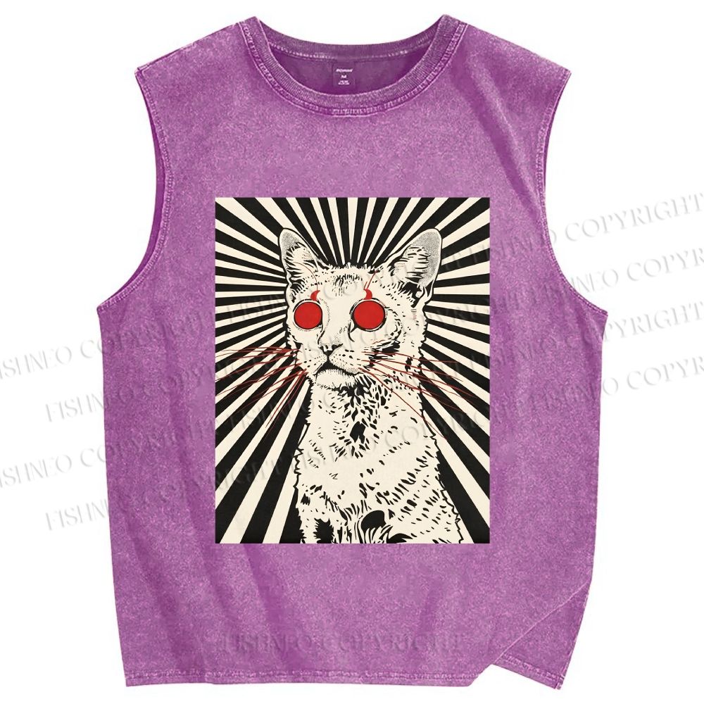 Unisex Psychedelic Cat Printed Washed Tank Top