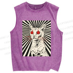 Unisex Psychedelic Cat Printed Washed Tank Top