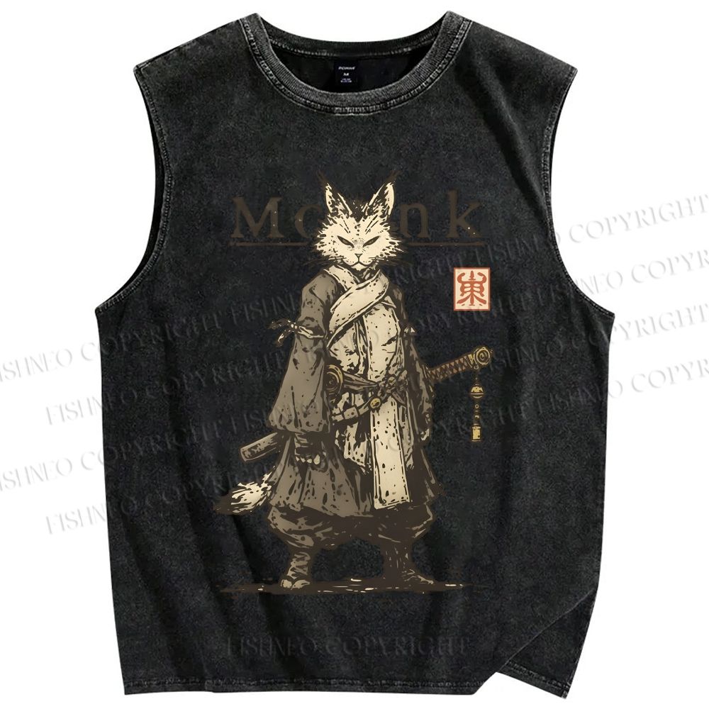 Unisex Cat Monk With Katana Printed Washed Tank Top