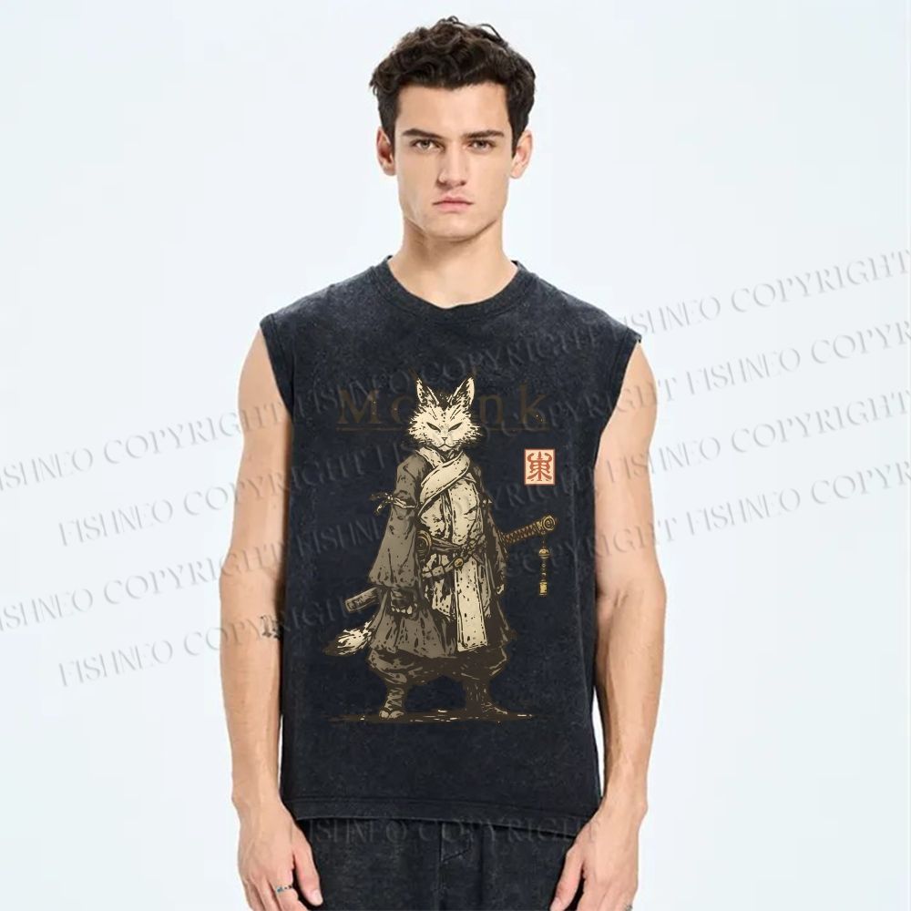 Unisex Cat Monk With Katana Printed Washed Tank Top