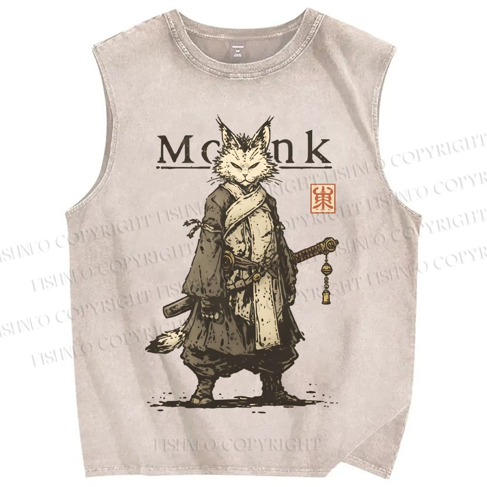 Unisex Cat Monk With Katana Printed Washed Tank Top