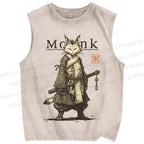 Unisex Cat Monk With Katana Printed Washed Tank Top