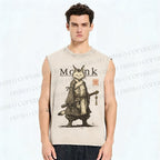 Unisex Cat Monk With Katana Printed Washed Tank Top