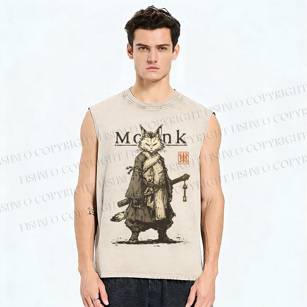 Unisex Cat Monk With Katana Printed Washed Tank Top