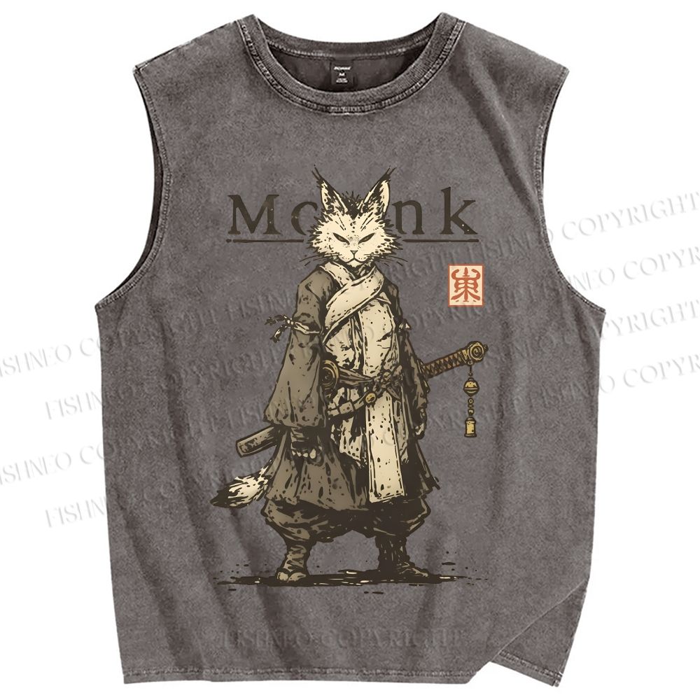 Unisex Cat Monk With Katana Printed Washed Tank Top