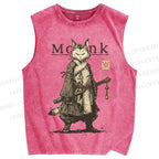 Unisex Cat Monk With Katana Printed Washed Tank Top