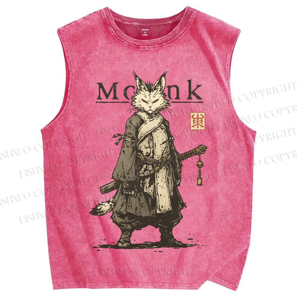 Unisex Cat Monk With Katana Printed Washed Tank Top