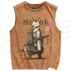 Unisex Cat Monk With Katana Printed Washed Tank Top