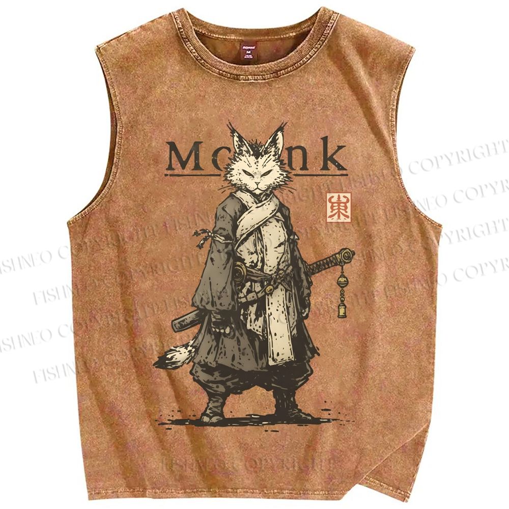 Unisex Cat Monk With Katana Printed Washed Tank Top