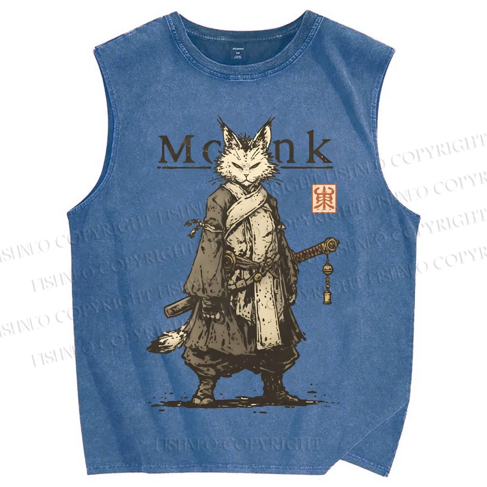 Unisex Cat Monk With Katana Printed Washed Tank Top