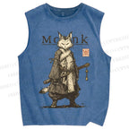 Unisex Cat Monk With Katana Printed Washed Tank Top