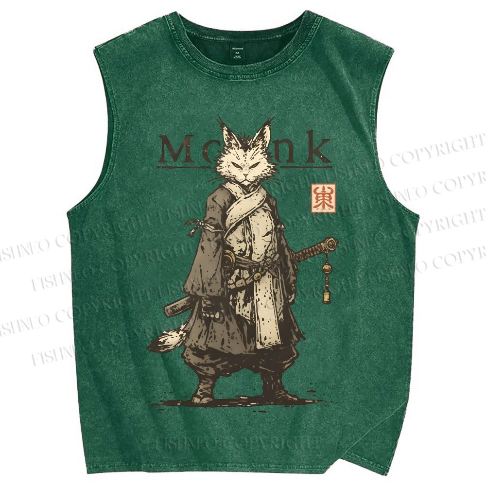 Unisex Cat Monk With Katana Printed Washed Tank Top