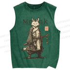 Unisex Cat Monk With Katana Printed Washed Tank Top
