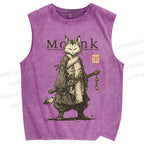 Unisex Cat Monk With Katana Printed Washed Tank Top