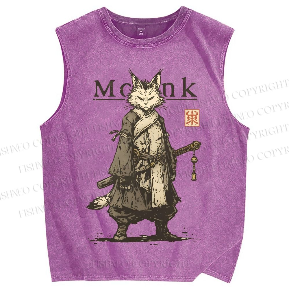 Unisex Cat Monk With Katana Printed Washed Tank Top