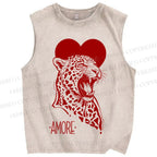 Unisex Amore Leopard Printed Washed Tank Top