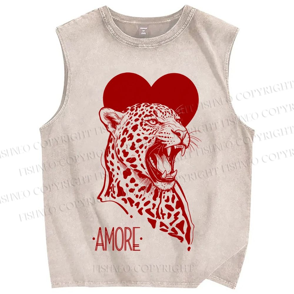 Unisex Amore Leopard Printed Washed Tank Top