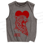 Unisex Amore Leopard Printed Washed Tank Top