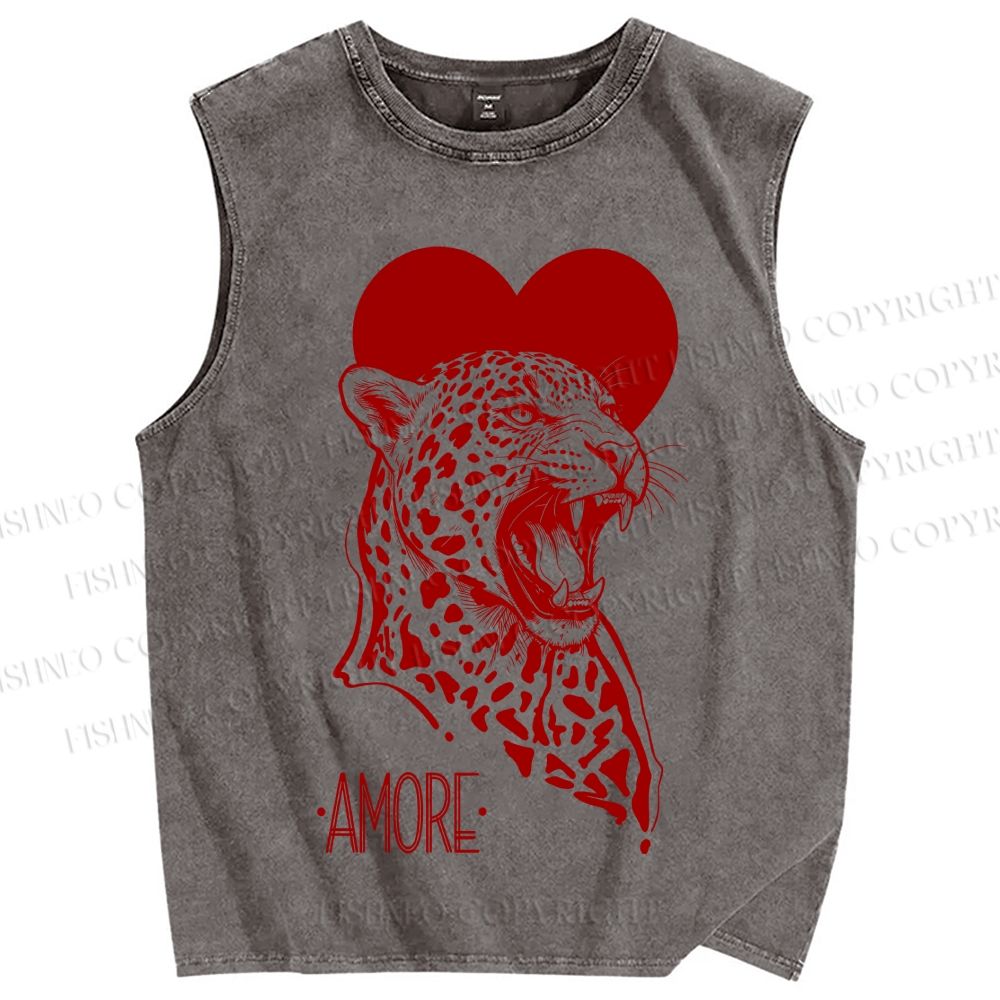 Unisex Amore Leopard Printed Washed Tank Top