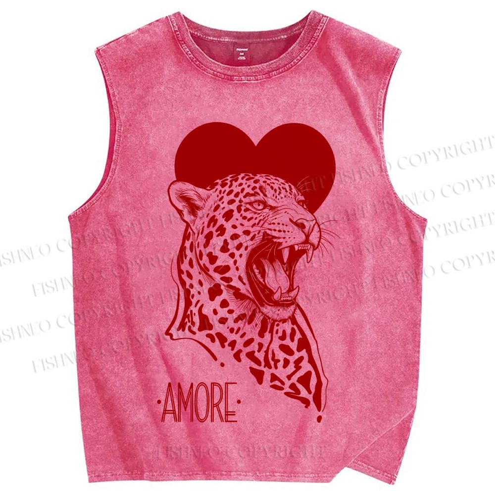 Unisex Amore Leopard Printed Washed Tank Top