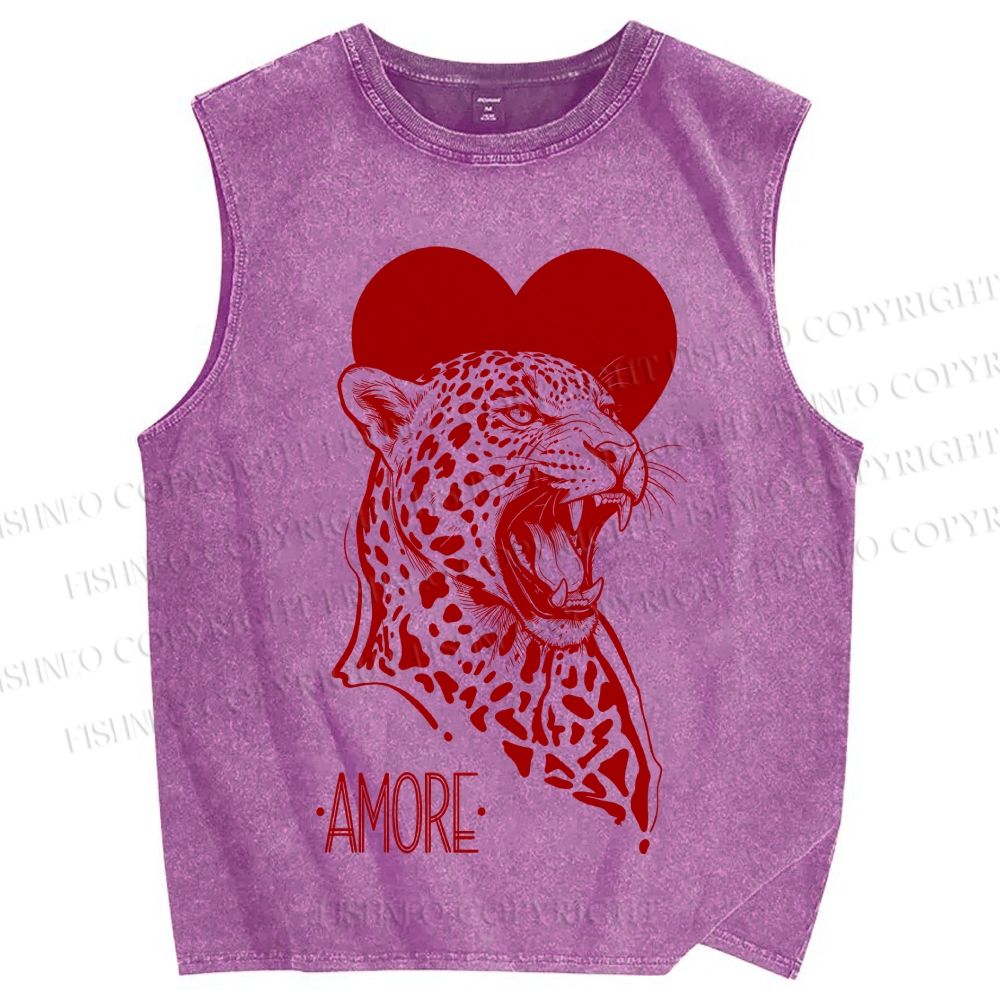 Unisex Amore Leopard Printed Washed Tank Top