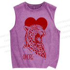 Unisex Amore Leopard Printed Washed Tank Top