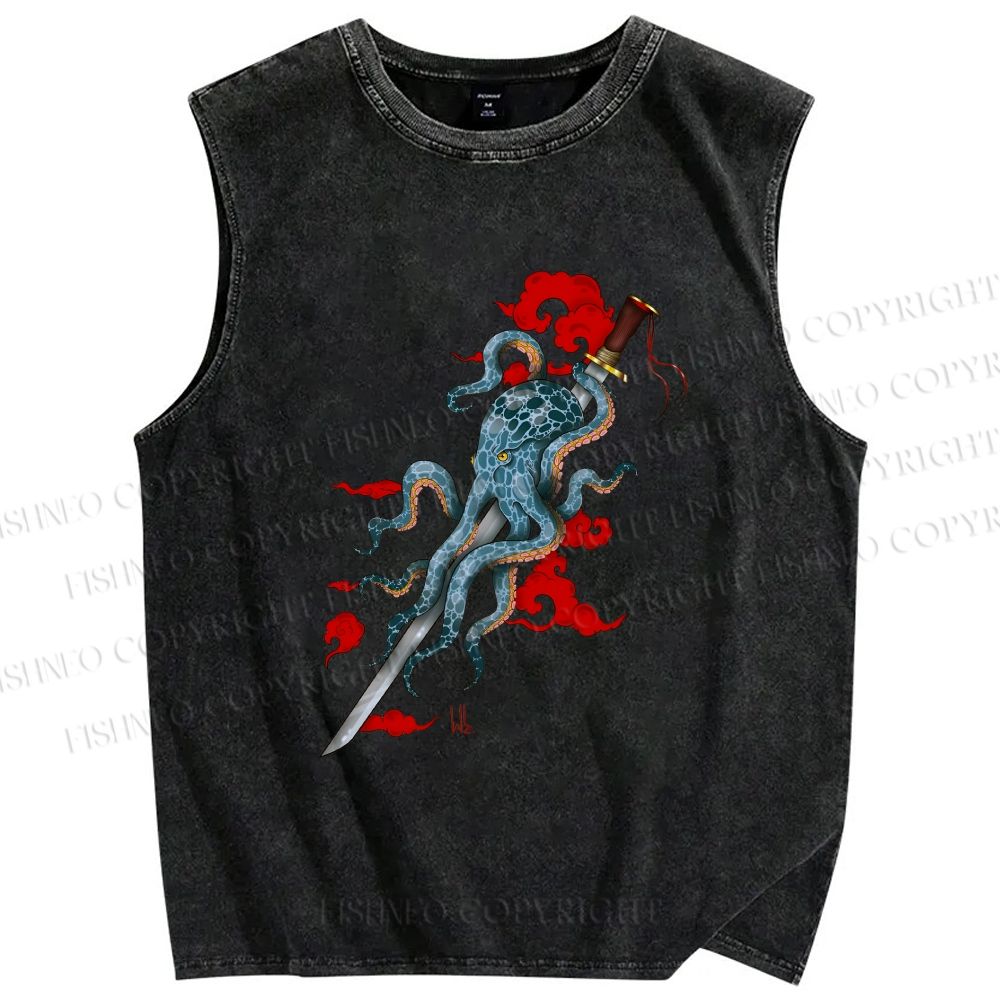 Unisex Octopus Katana Clouds Printed Washed Tank Top