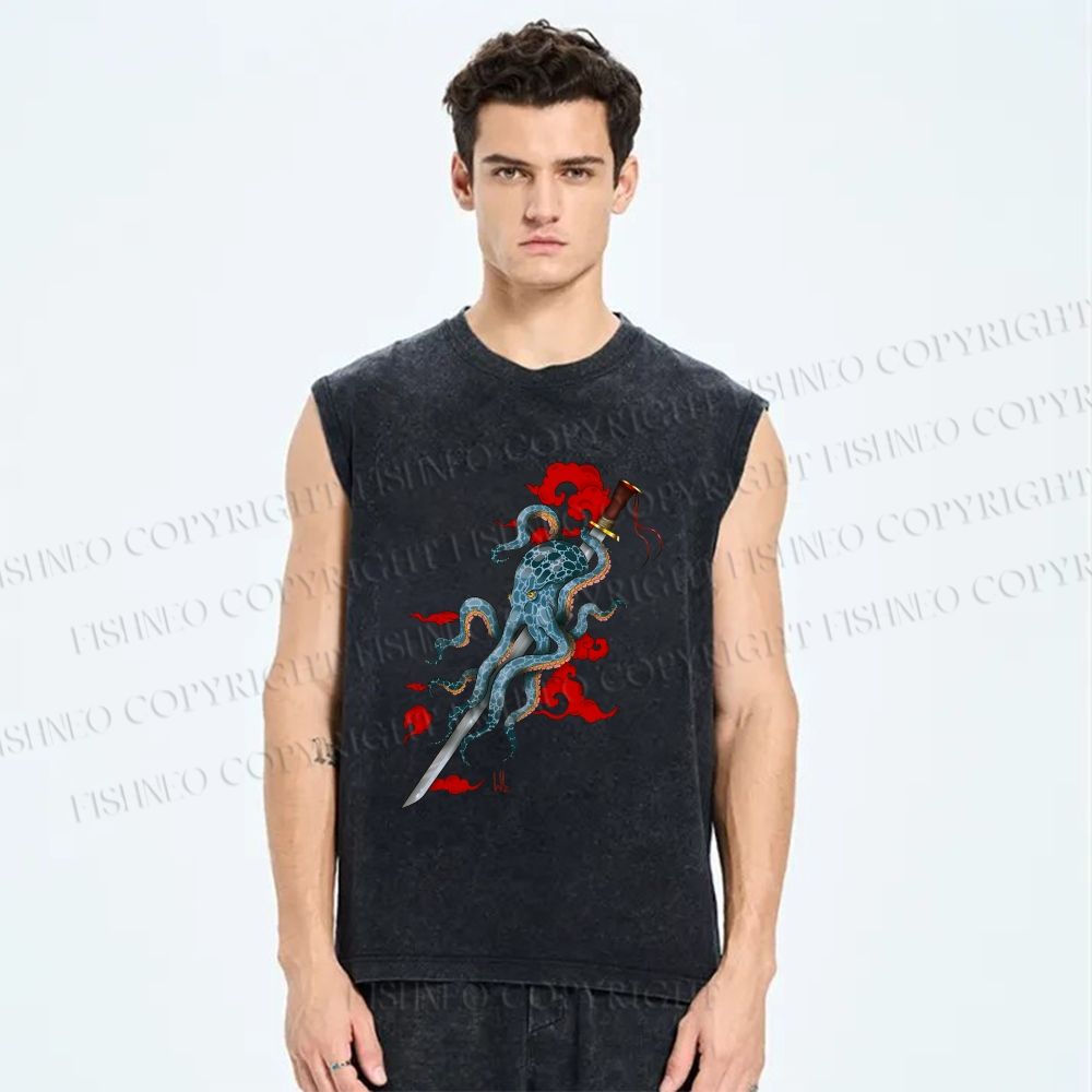 Unisex Octopus Katana Clouds Printed Washed Tank Top